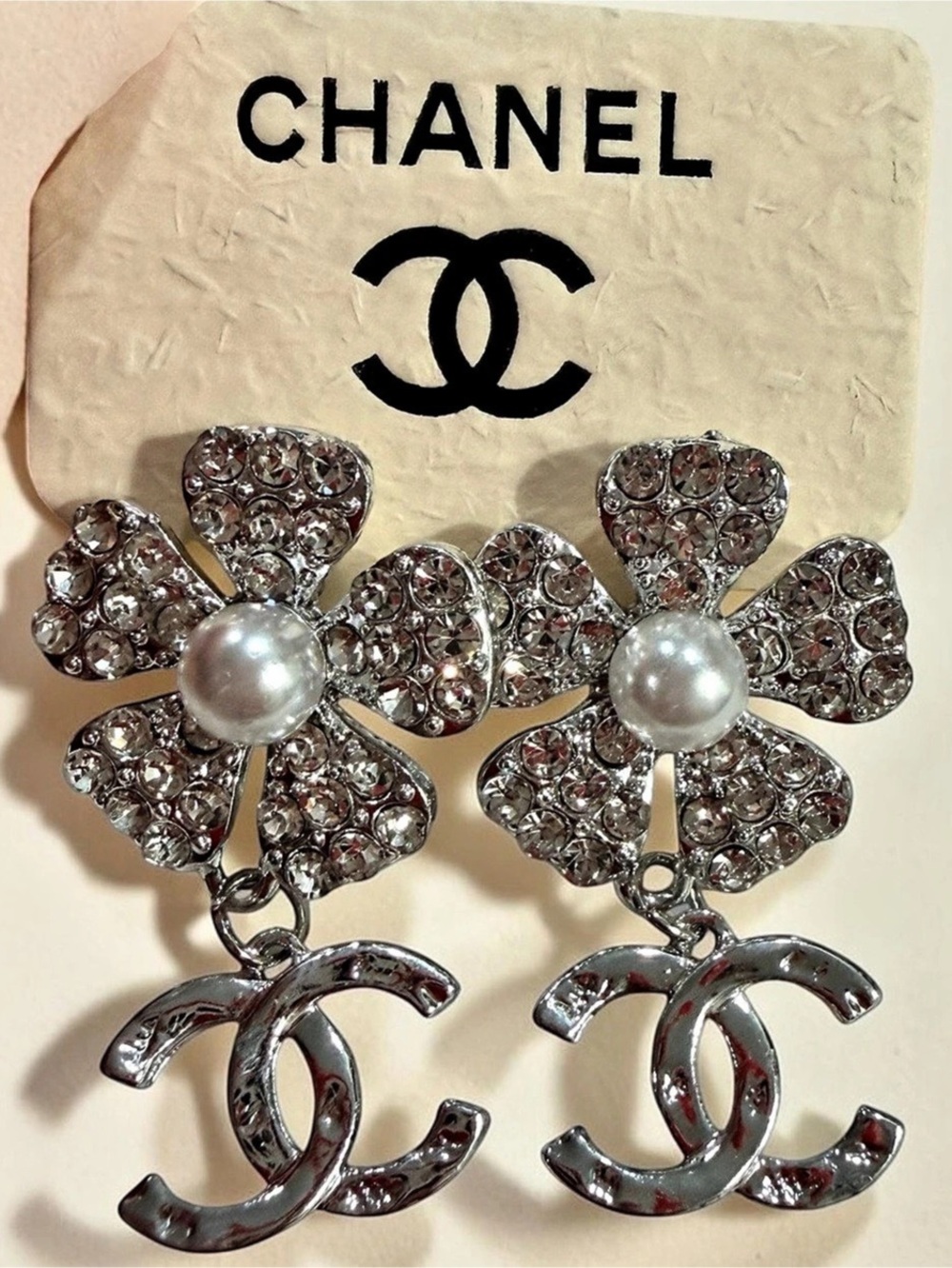 Crystal Flower Faux Pearl Drop Earrings Silver | New